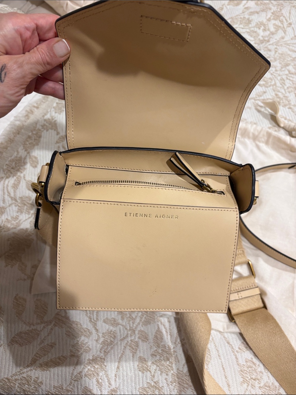 Etienne Aigner Cream Leather Crossbody with Gold Buckle - Picture 9 of 14